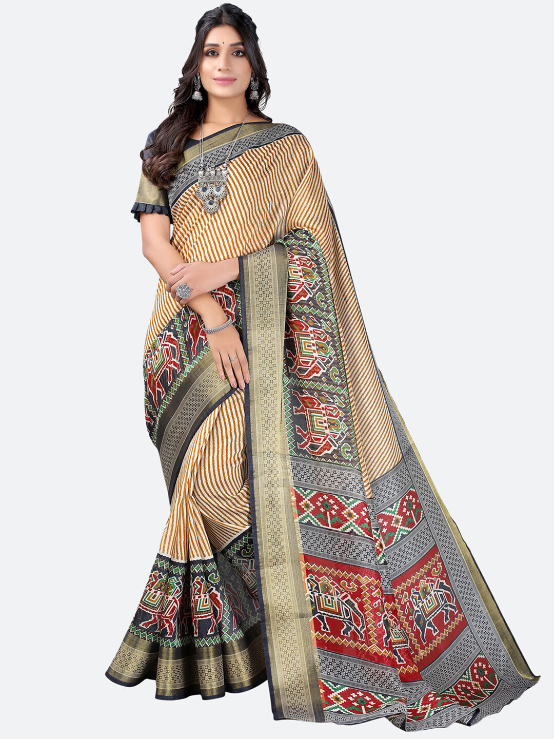 Buy KALINI Cream Coloured & Grey Ethnic Motifs Printed Cotton Saree
