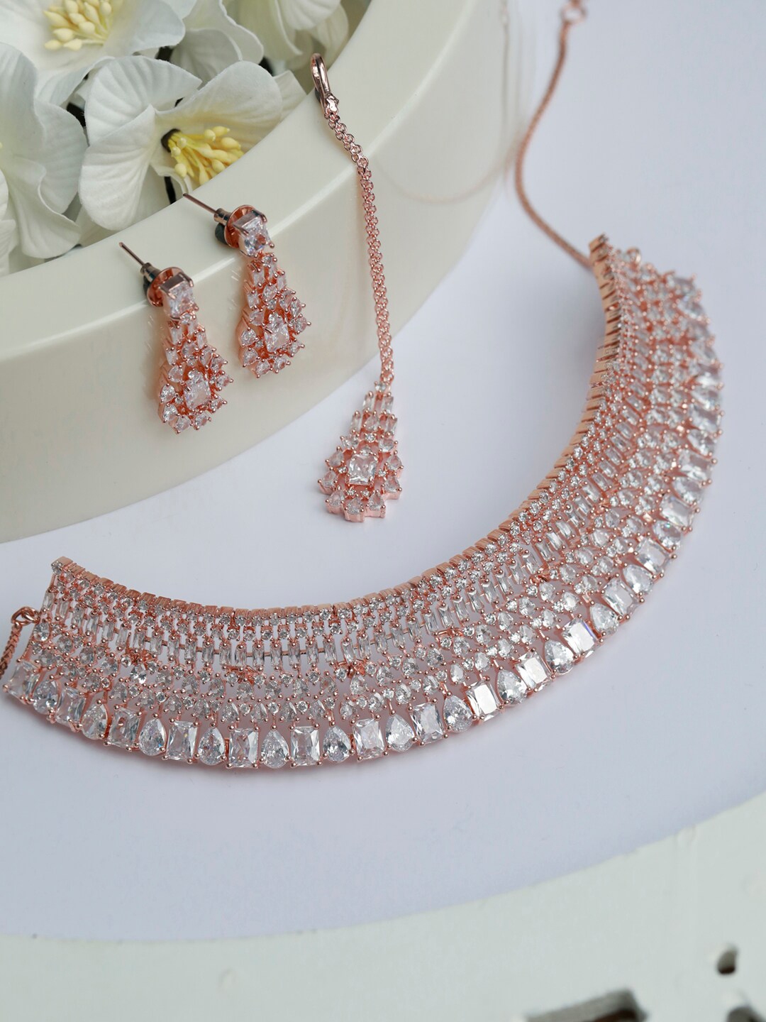 Buy Priyaasi Rose Gold Plated White AD Stone Studded Jewellery Set