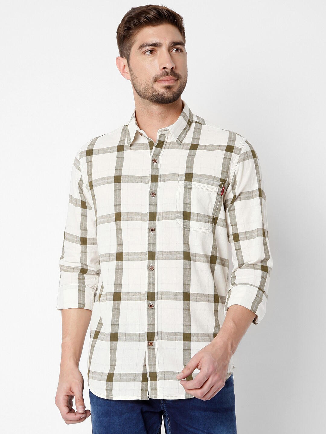 Buy Mufti Men Olive Green & Off White Slim Fit Checked Casual Shirt