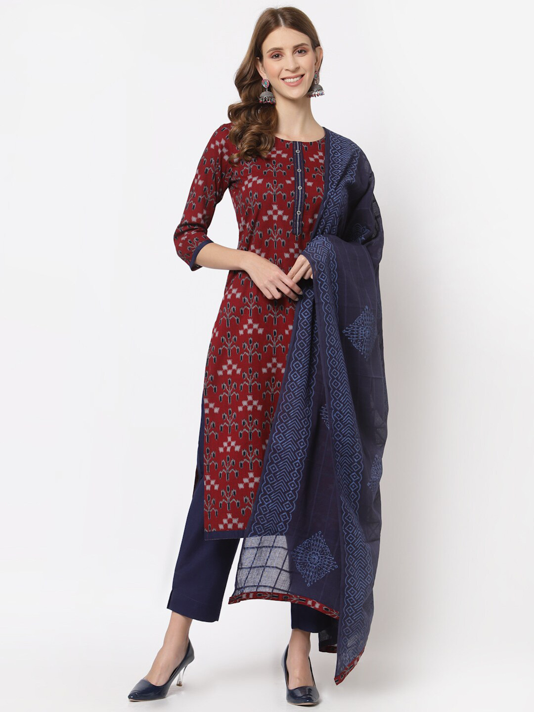 Buy KAMI KUBI Maroon & Blue Printed Unstitched Dress Material Dress