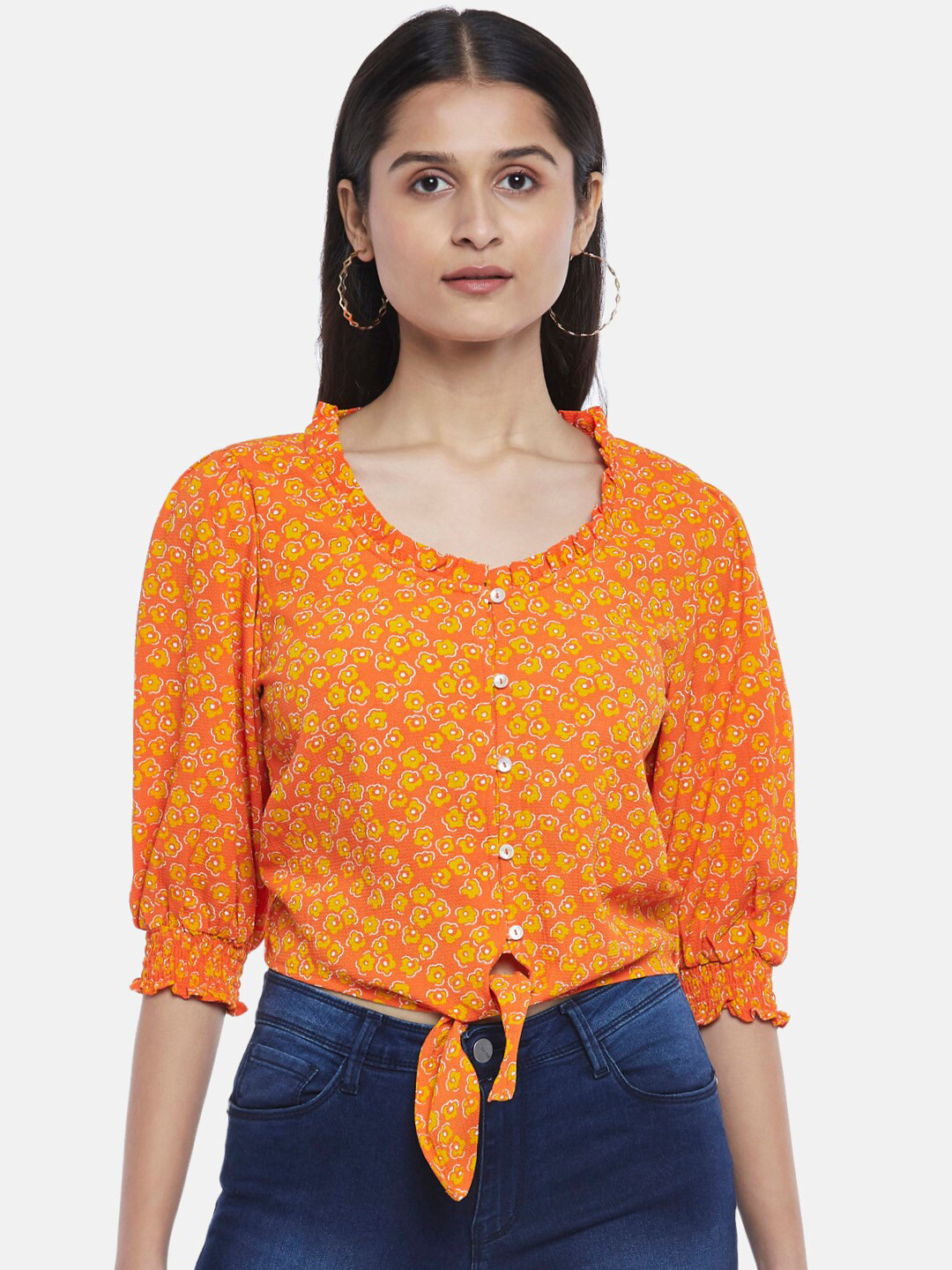 Buy People Orange & Yellow Floral Print Blouson Top Tops for Women