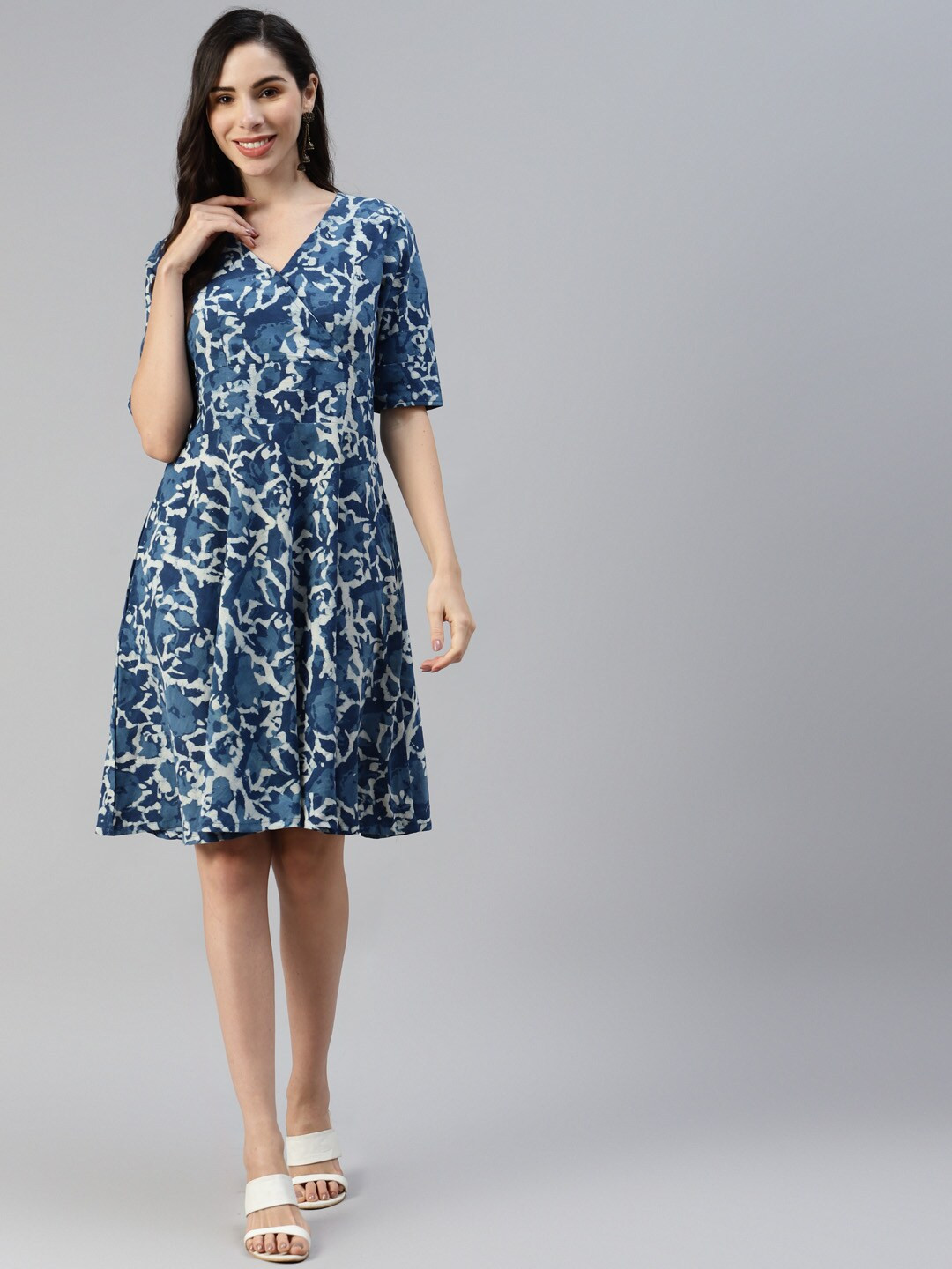 Buy Divena Blue Floral Block Print Cotton Fit & Flare Dress Dresses