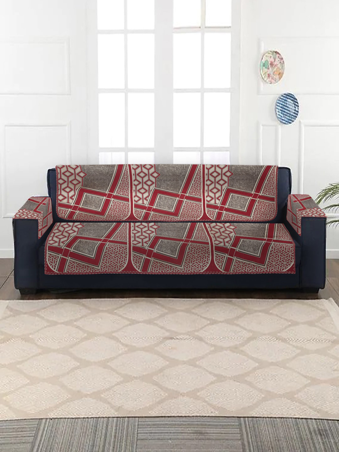 Buy MULTITEX Set Of 16 Maroon Jacquard 5 Seater Sofa Covers With Arm