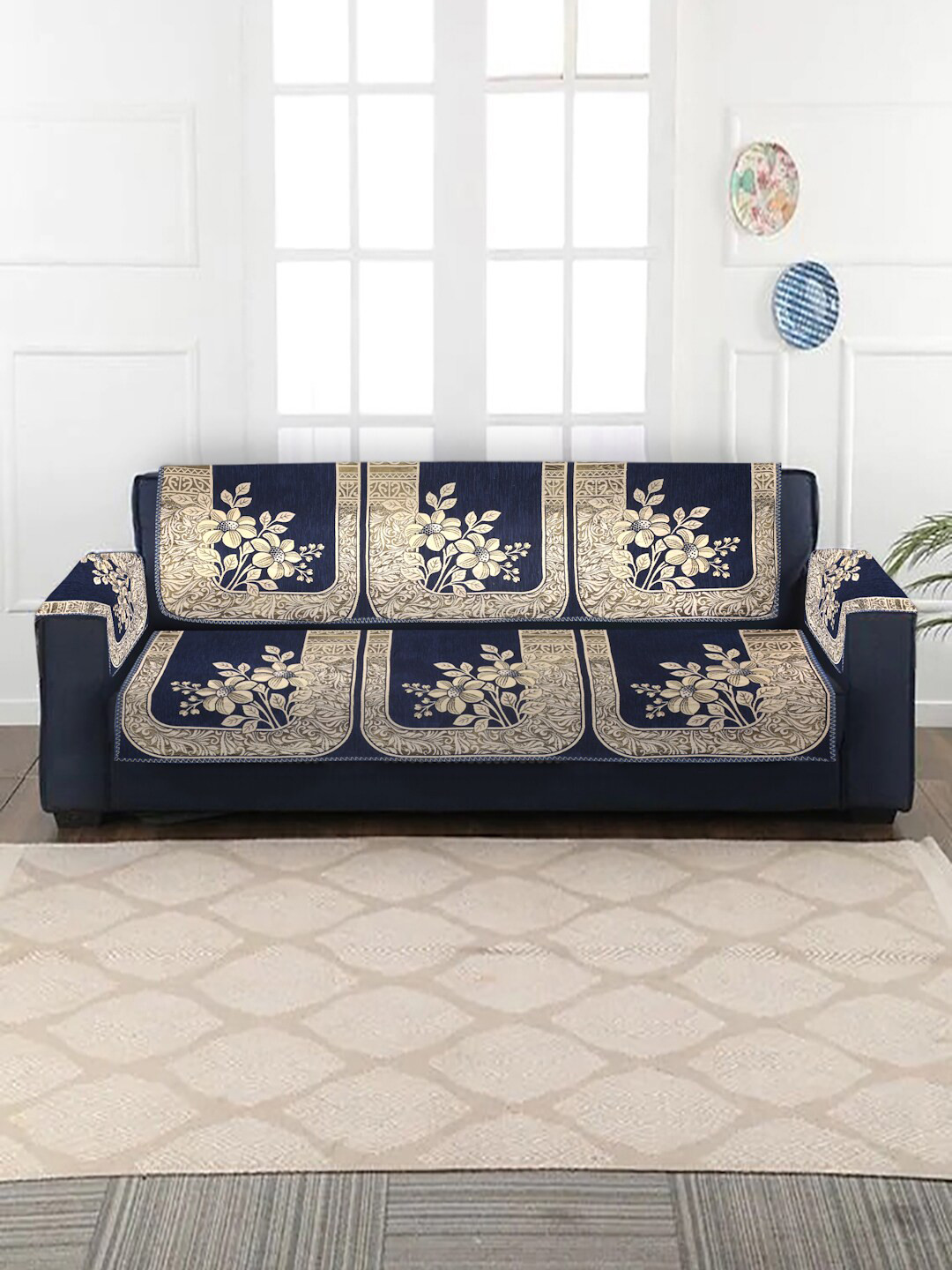 Buy MULTITEX Set Of 16 Navy Blue Jacquard 5 Seater Sofa Covers With Arm