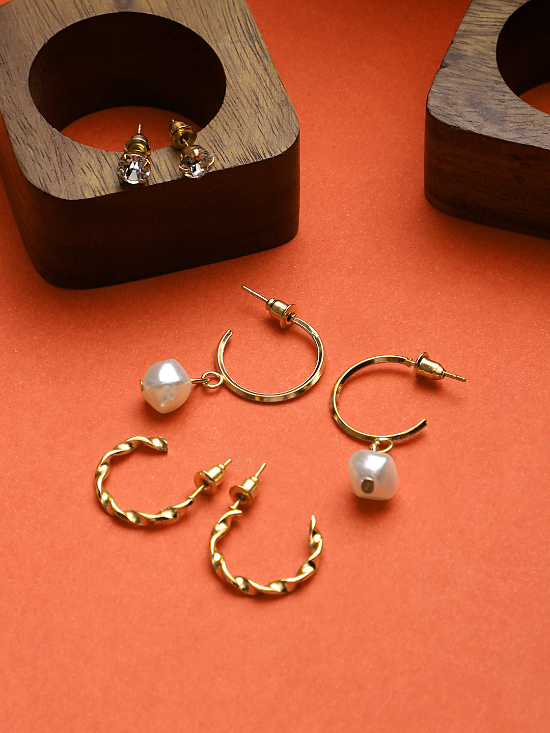 Buy KACY Gold Toned & White Set Of 3 Gold Plated Stud Earrings