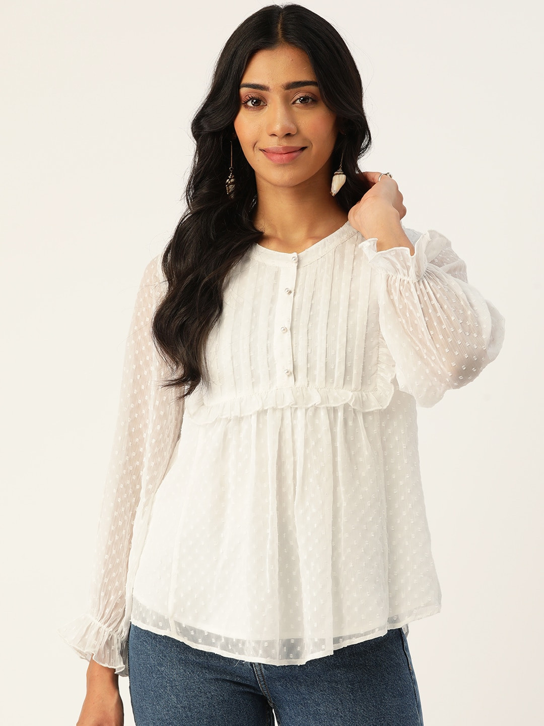 Women White Dobby Ruffle Top main image 0