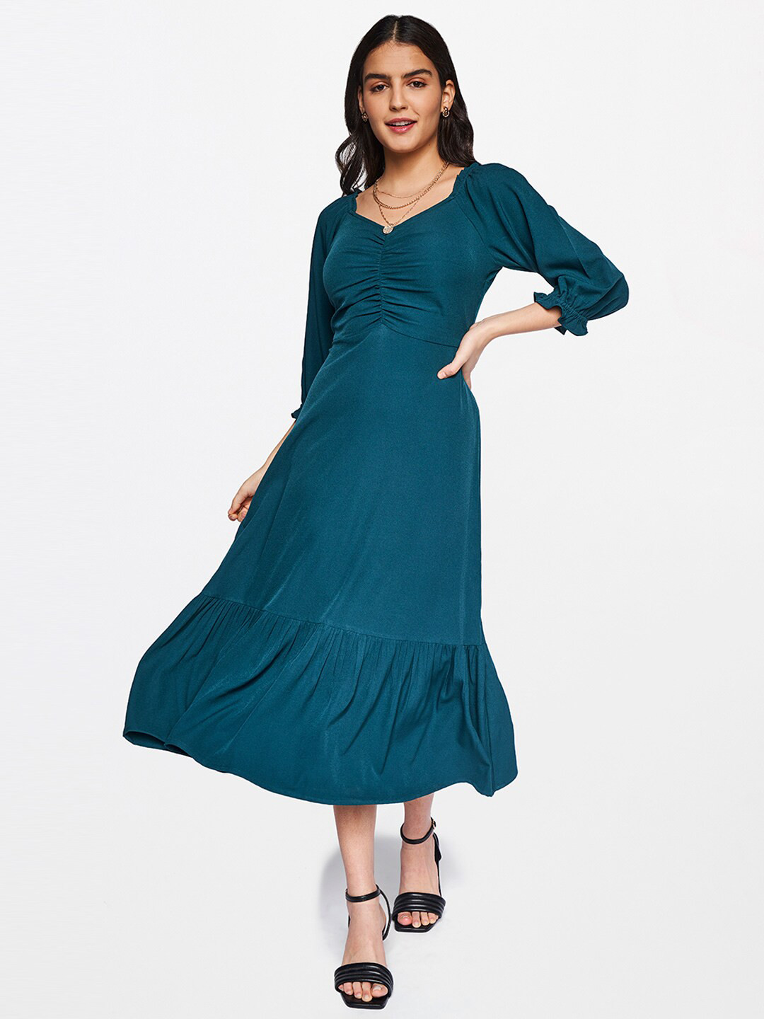Buy AND Teal Green Puff Sleeves A Line Midi Dress Dresses