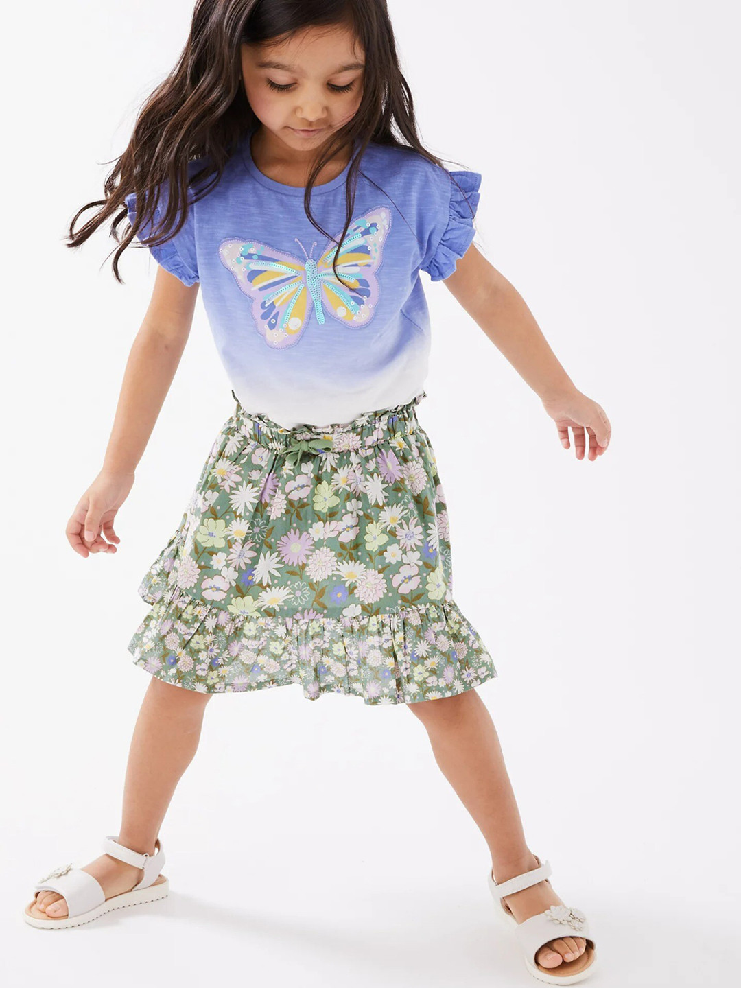 Buy Marks & Spencer Girls Green & White Printed Pure Cotton Flared Knee