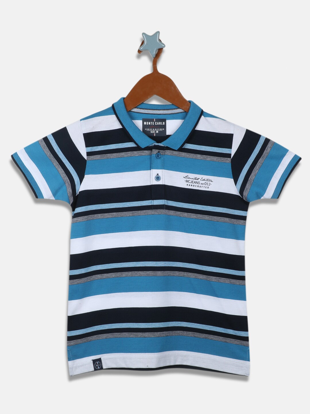 Buy Monte Carlo Boys Turquoise Blue & Navy Blue Striped Polo Collar T ...