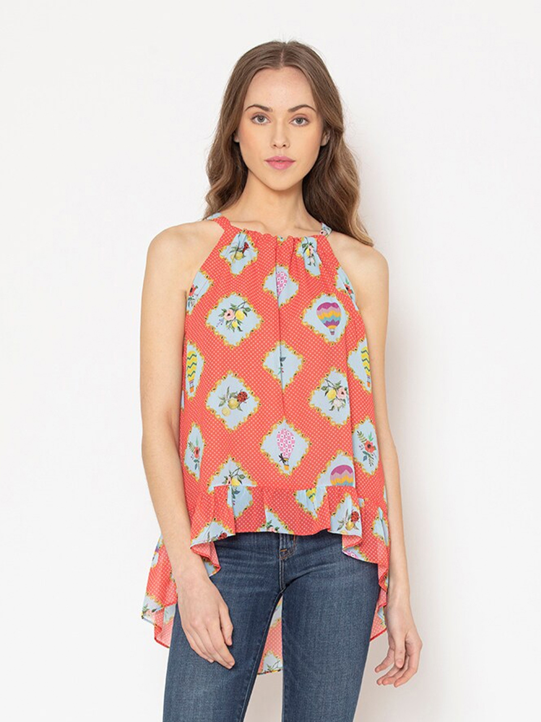 Buy SHAYE Coral Print Halter Neck Georgette High Low Top - Tops for ...