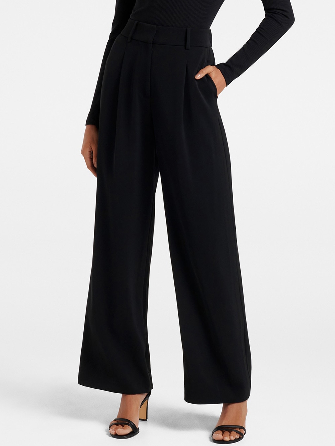 Buy Forever New Women Black Solid High Rise Pleated Trousers - Trousers ...
