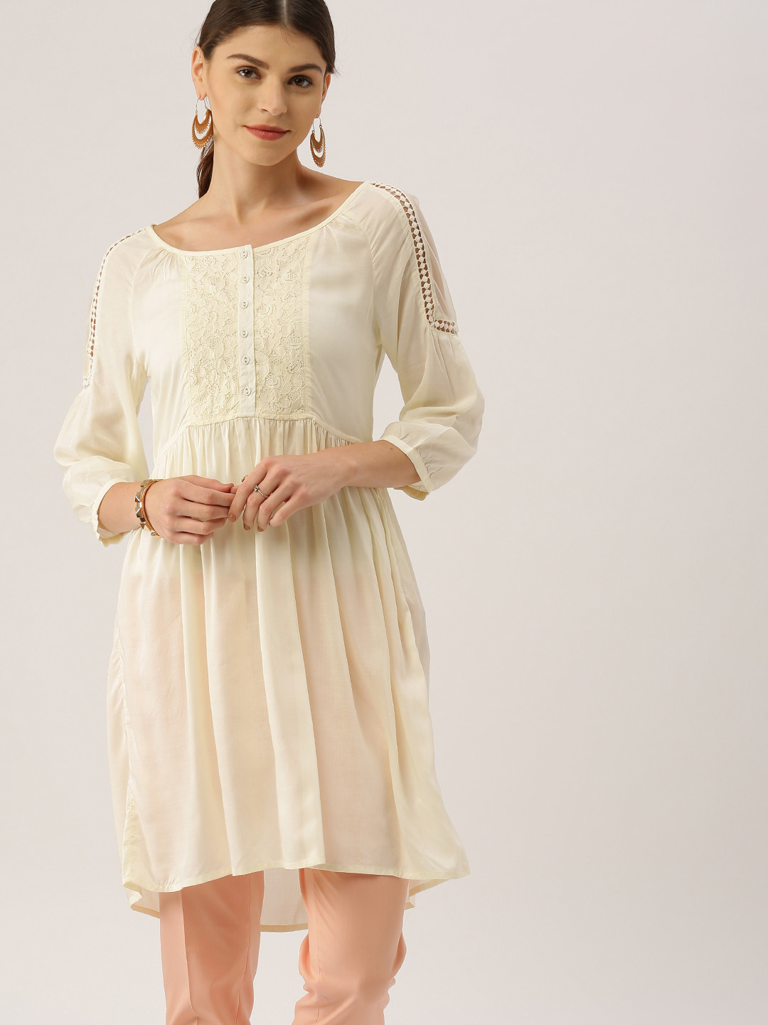 Buy All About You Women Cream Coloured Solid A Line Kurta Kurtas for