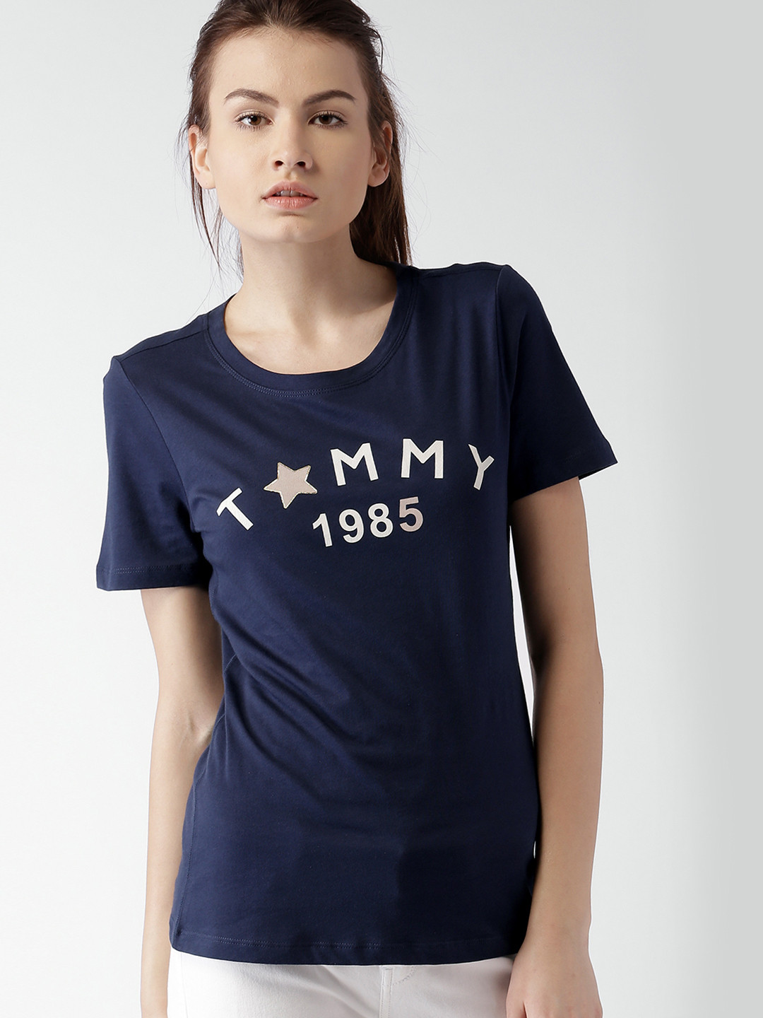 Buy Tommy Hilfiger Women Navy Blue Printed Pure Cotton T Shirt
