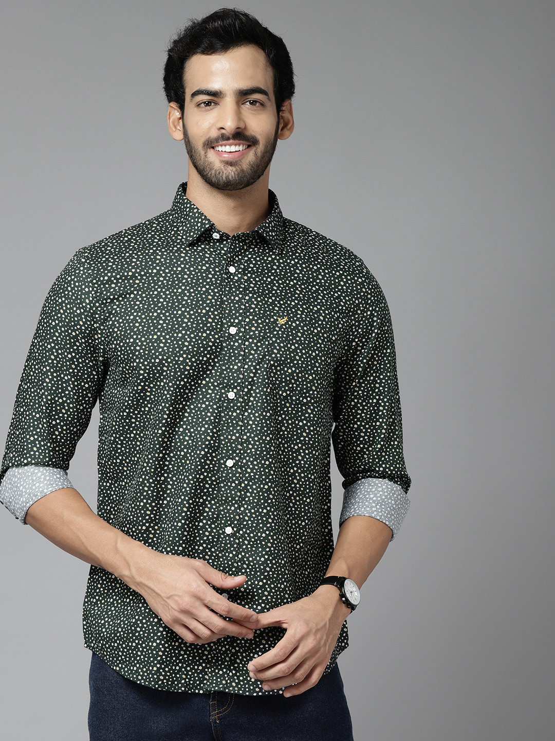 Buy Blackberrys Men Green & White Pure Cotton India Slim Fit Printed