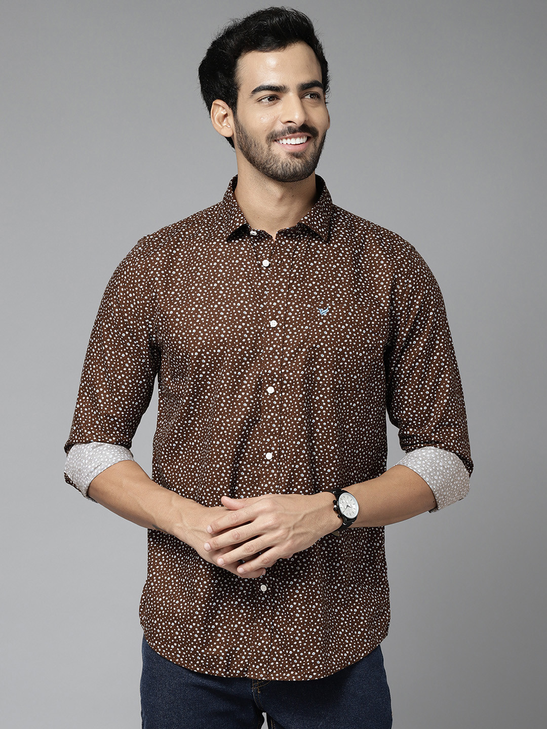 Buy Blackberrys Men Brown & White Pure Cotton India Slim Fit Printed