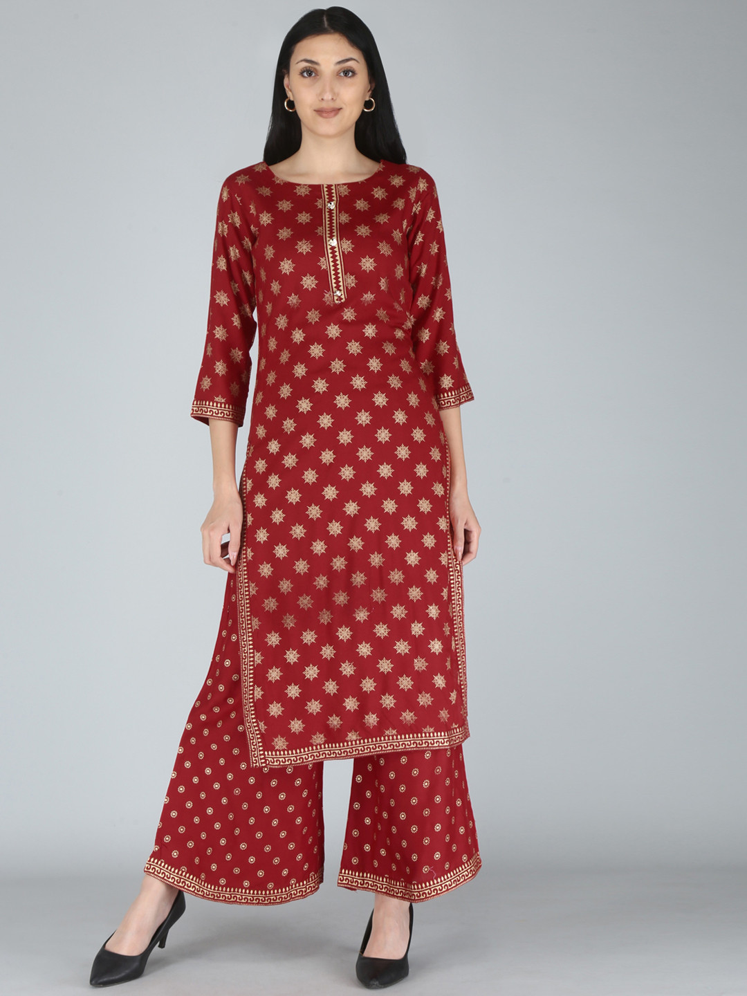Women'S Maroon & Golden Printed Kurta With Palazzos