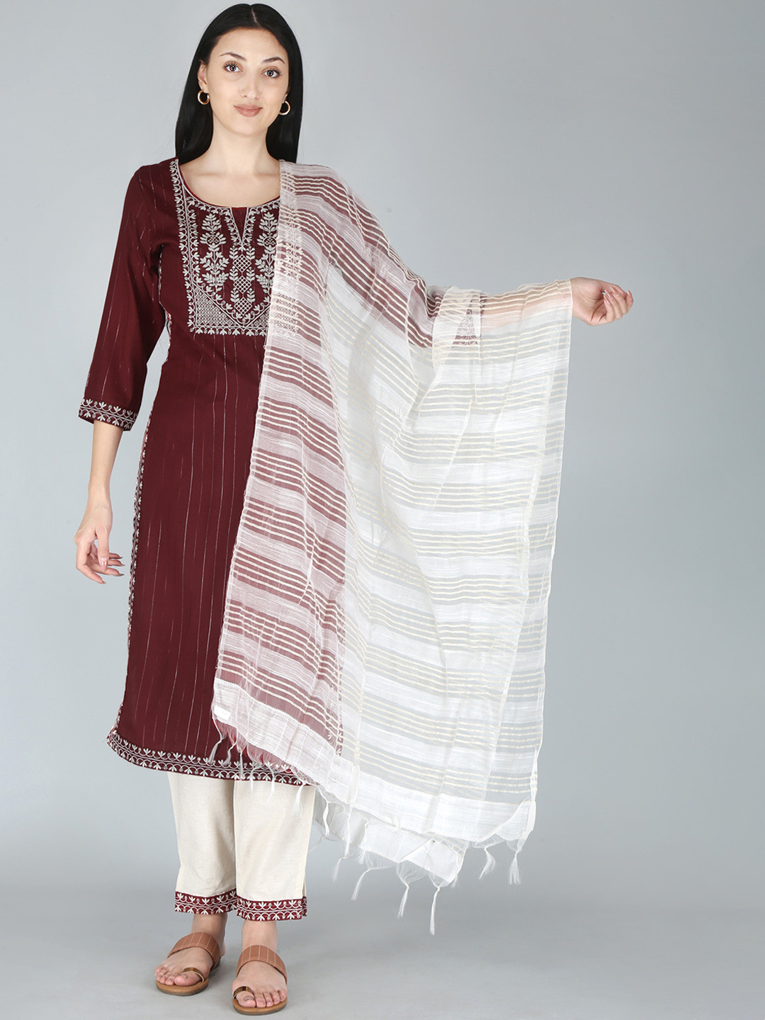 Buy KALINI Women Maroon Embroidered Cotton Blend Kurta Set Kurta Sets