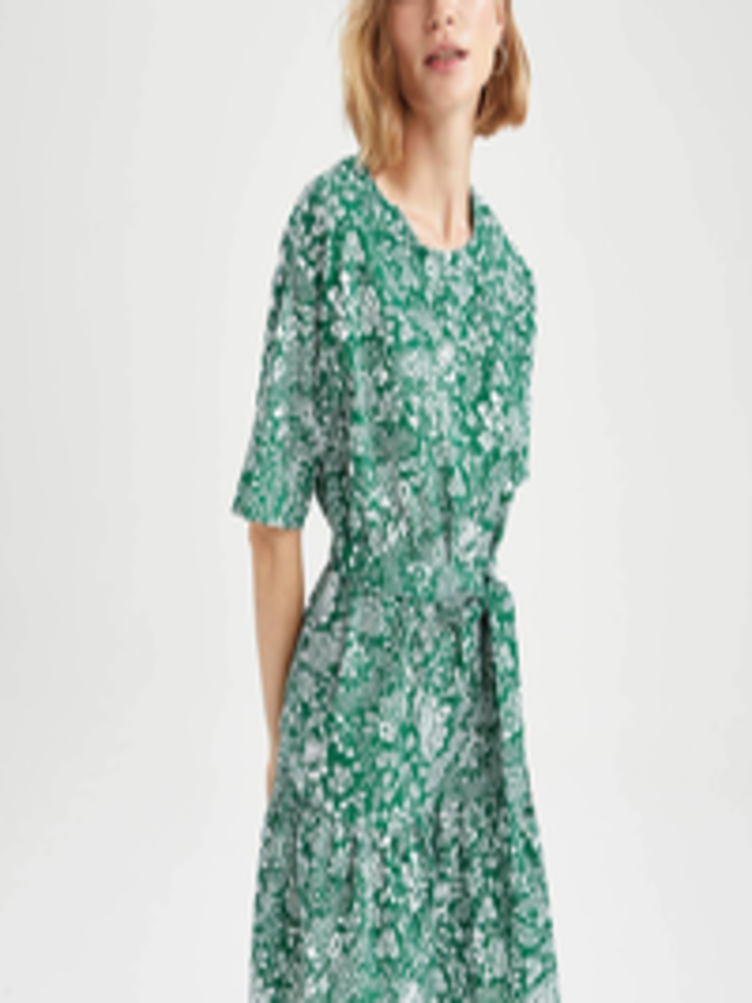Buy DeFacto Women Green & White Floral Belted A Line Dress - Dresses ...