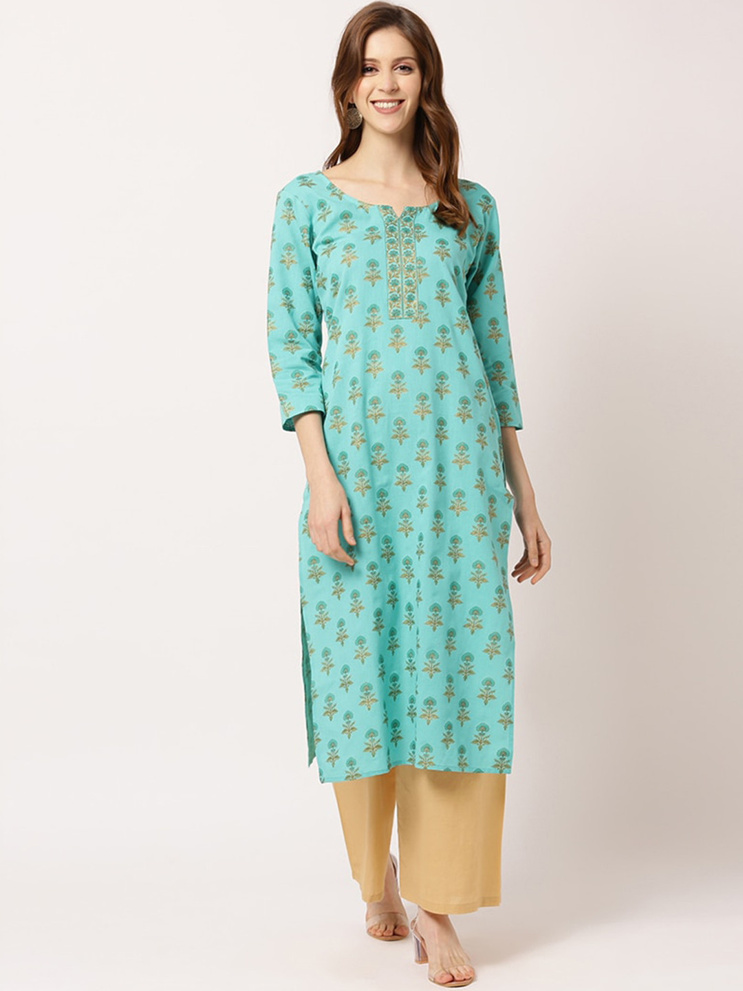 Buy THE NKS PLUS Women Sea Green & Beige Ethnic Motifs Printed Pure Cotton Kurta With Salwar