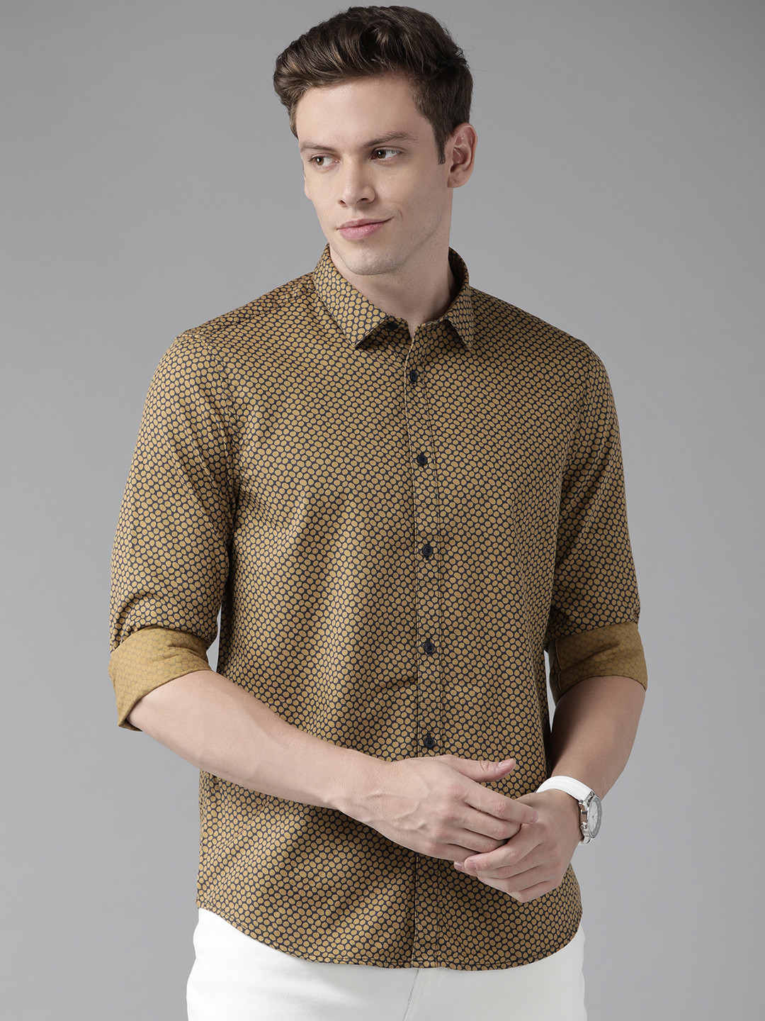 Buy Blackberrys Men Mustard Brown & Navy Blue India Slim Fit Printed