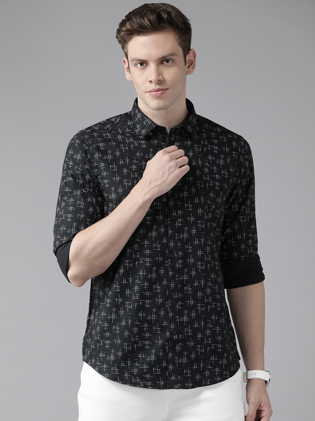 Buy Blackberrys Men Black & White India Slim Fit Printed Pure Cotton