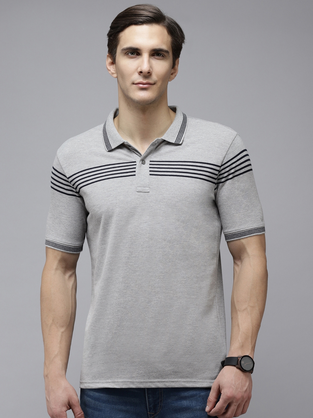 Buy Blackberrys Men Grey Melange Striped Detail Polo Collar T Shirt ...
