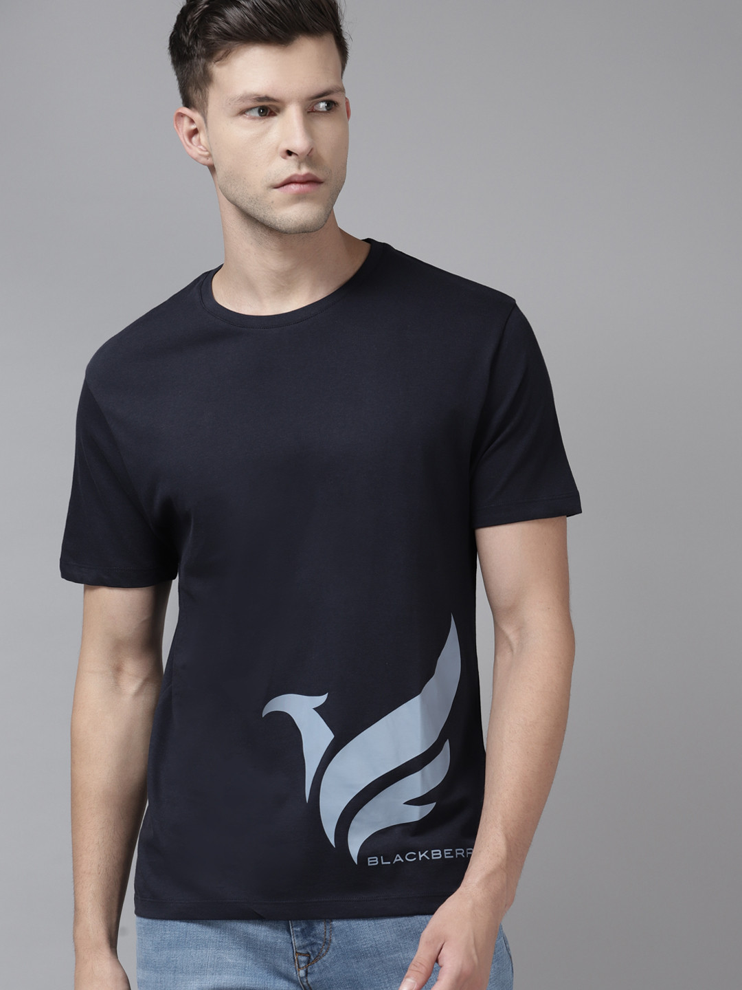 Buy Blackberrys Men Navy Blue Brand Logo Printed Pure Cotton Slim Fit T Shirt Tshirts for Men