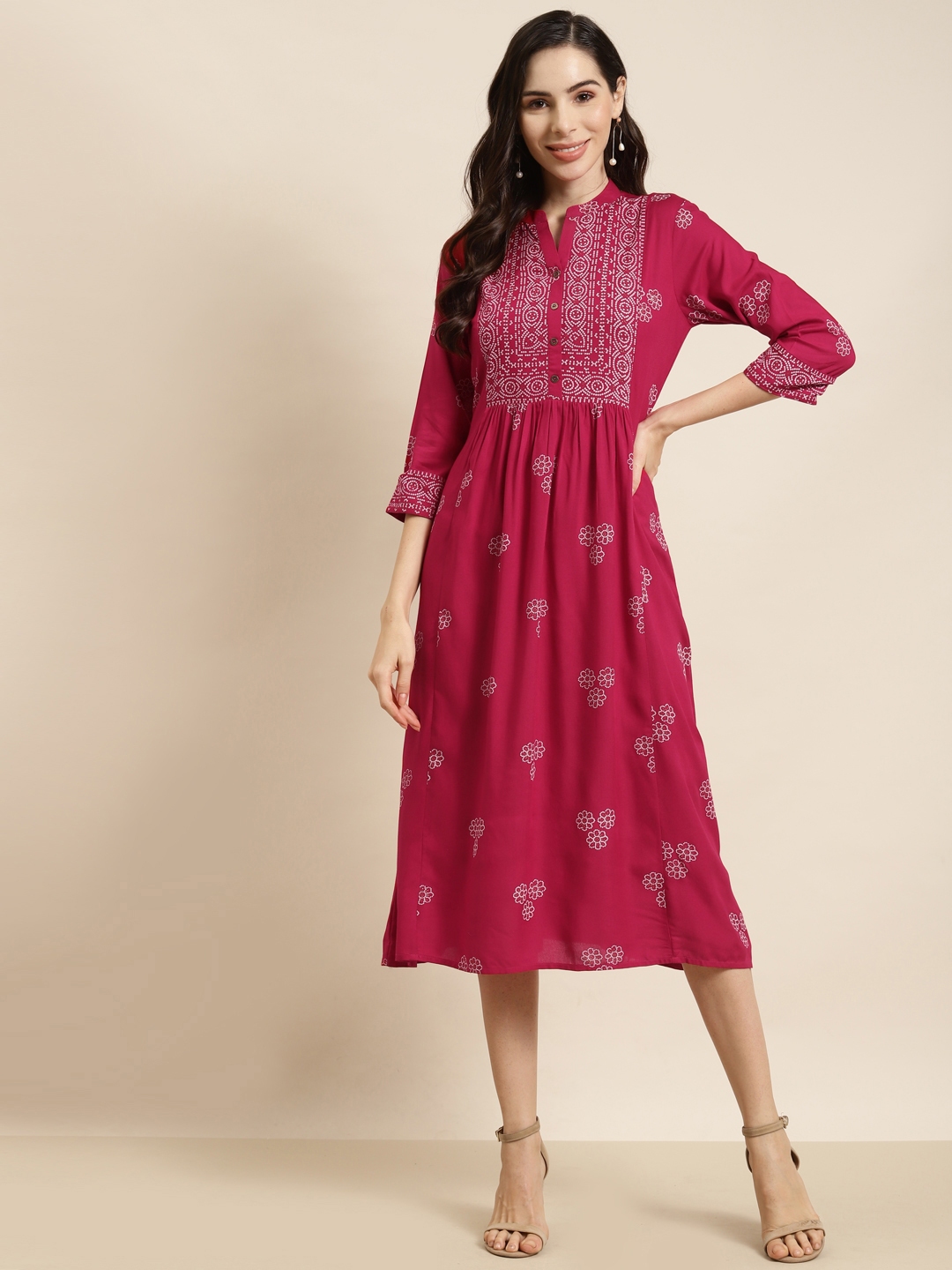 Buy Juniper Fuchsia Ethnic Motifs Midi Dress - Ethnic Dresses for Women ...