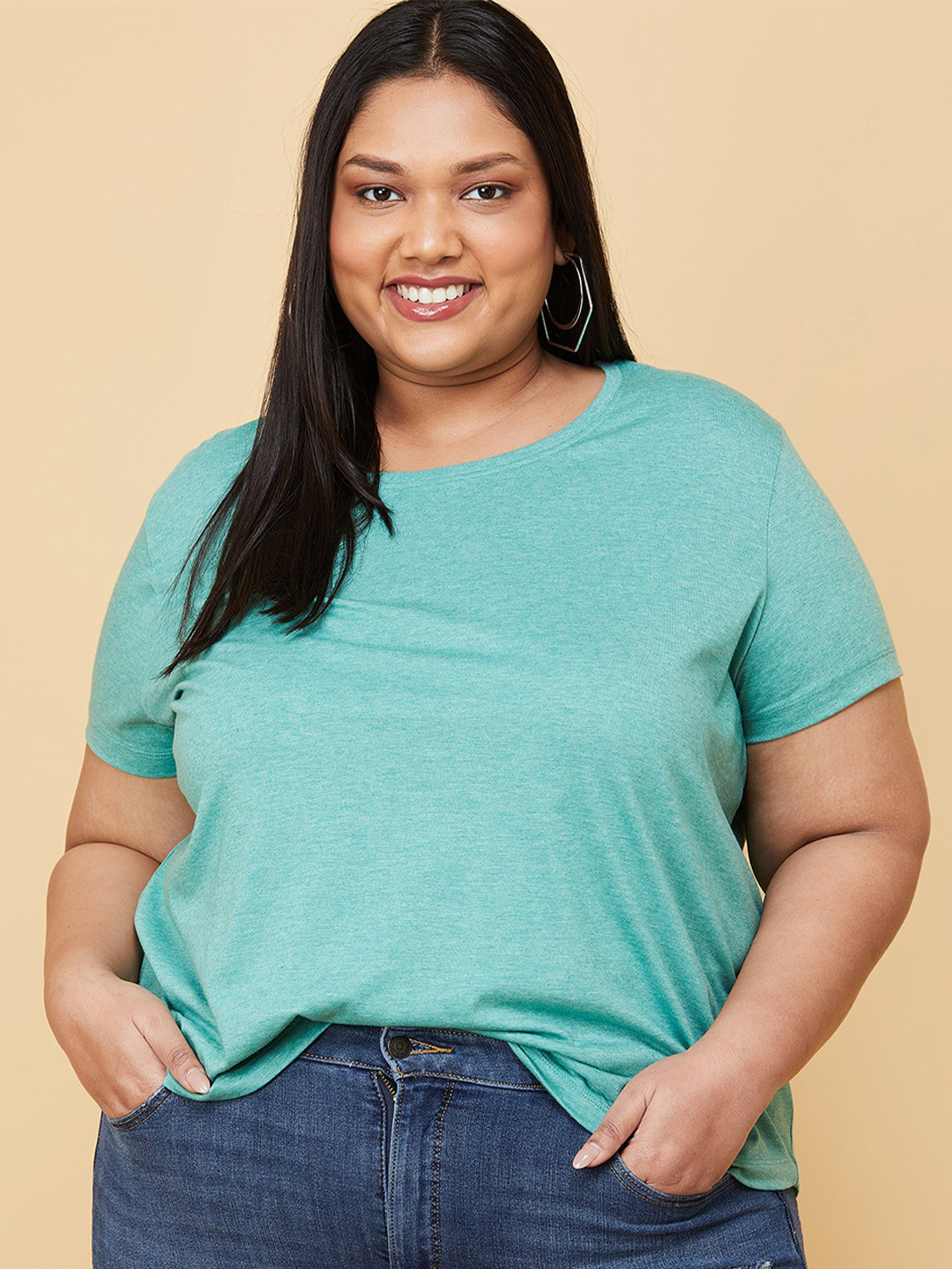 Women's Sea Green Printed Extended Sleeves Slim Fit T-shirt