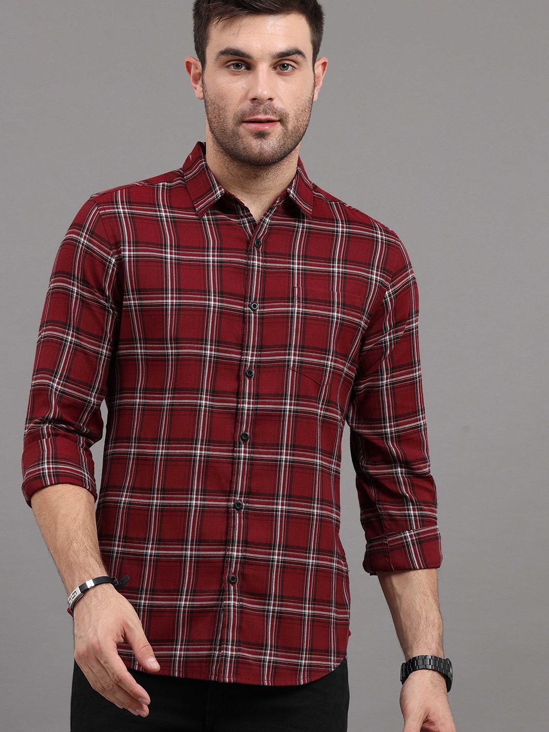 Men's Green Standard Slim Fit Tartan Checks Casual Shirt