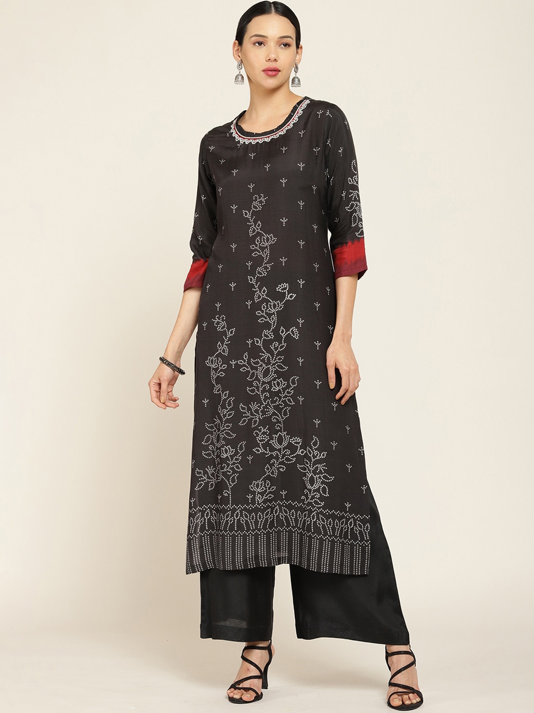 Buy Soch Women Black Bandhni Printed Silk Blend Kurta With Palazzos ...