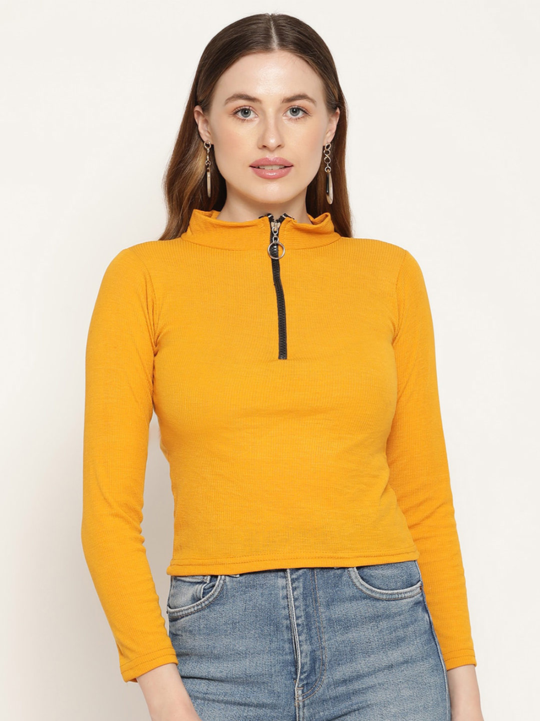 Buy Miaz Lifestyle Mustard Yellow High Neck Fitted Top Tops for Women