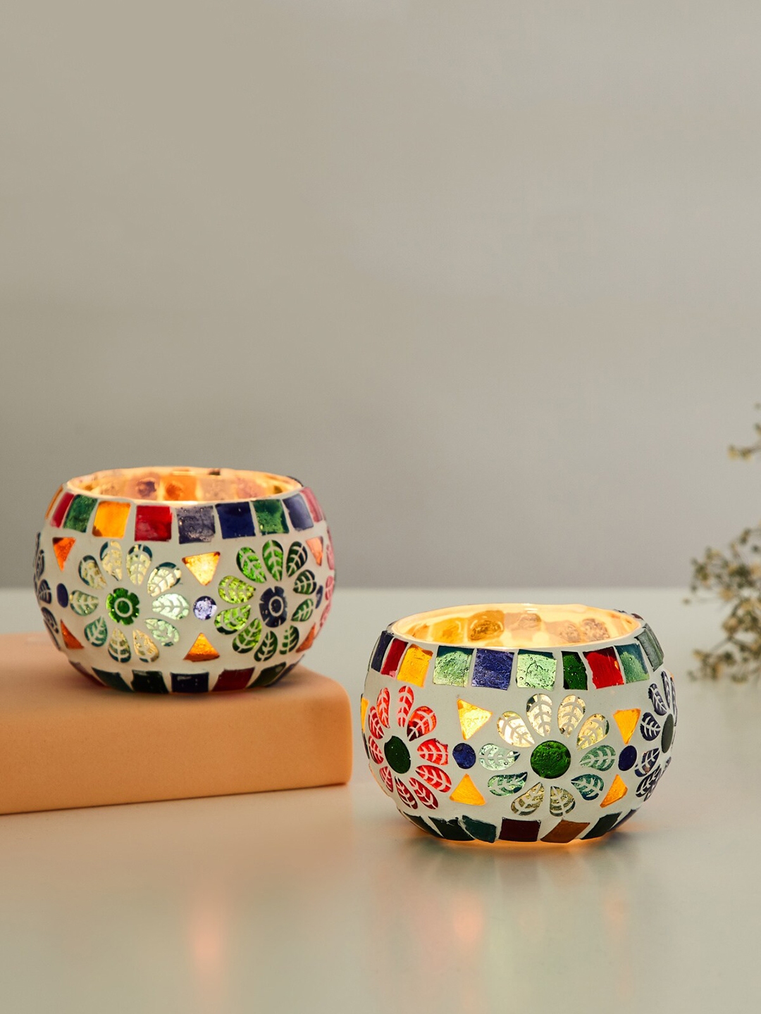 Buy Home Centre Set Of 2 Multi Coloured Glass T Light Candle Holders