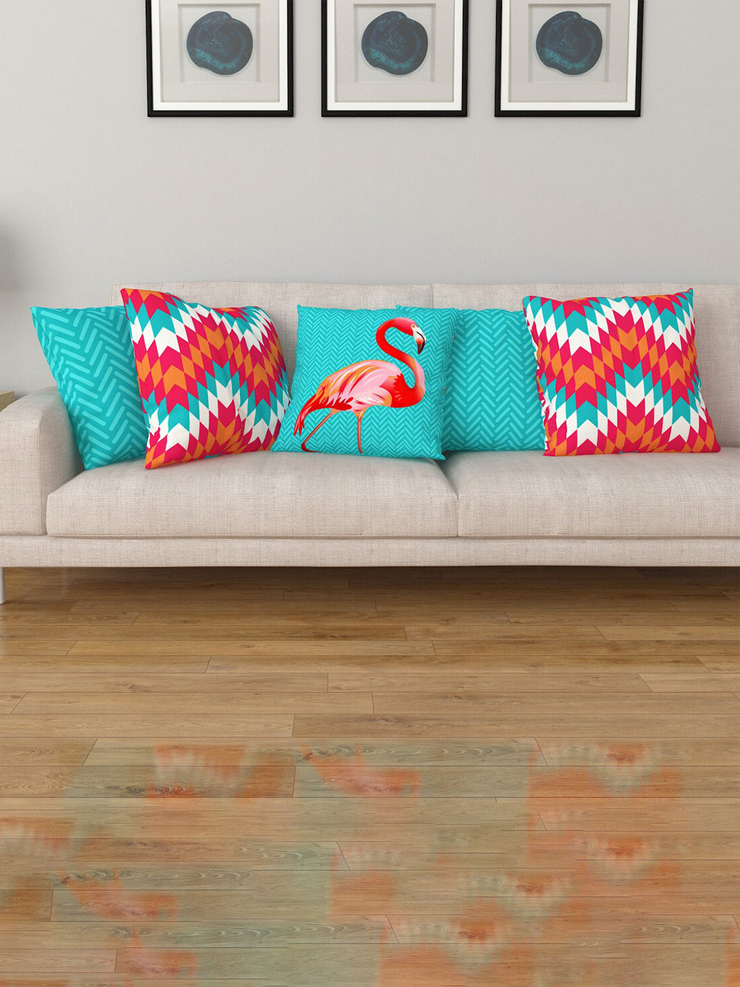 Buy Home Centre Turquoise Blue & Red Set Of 5 Printed Square Cushion