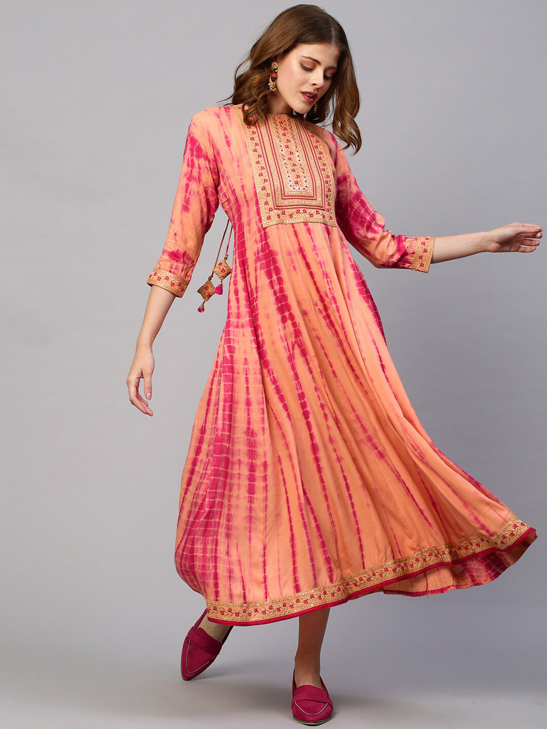 Women Peach Ethnic Motifs Embroidered V-Neck Thread Work Pure Cotton A-Line Kurta Set