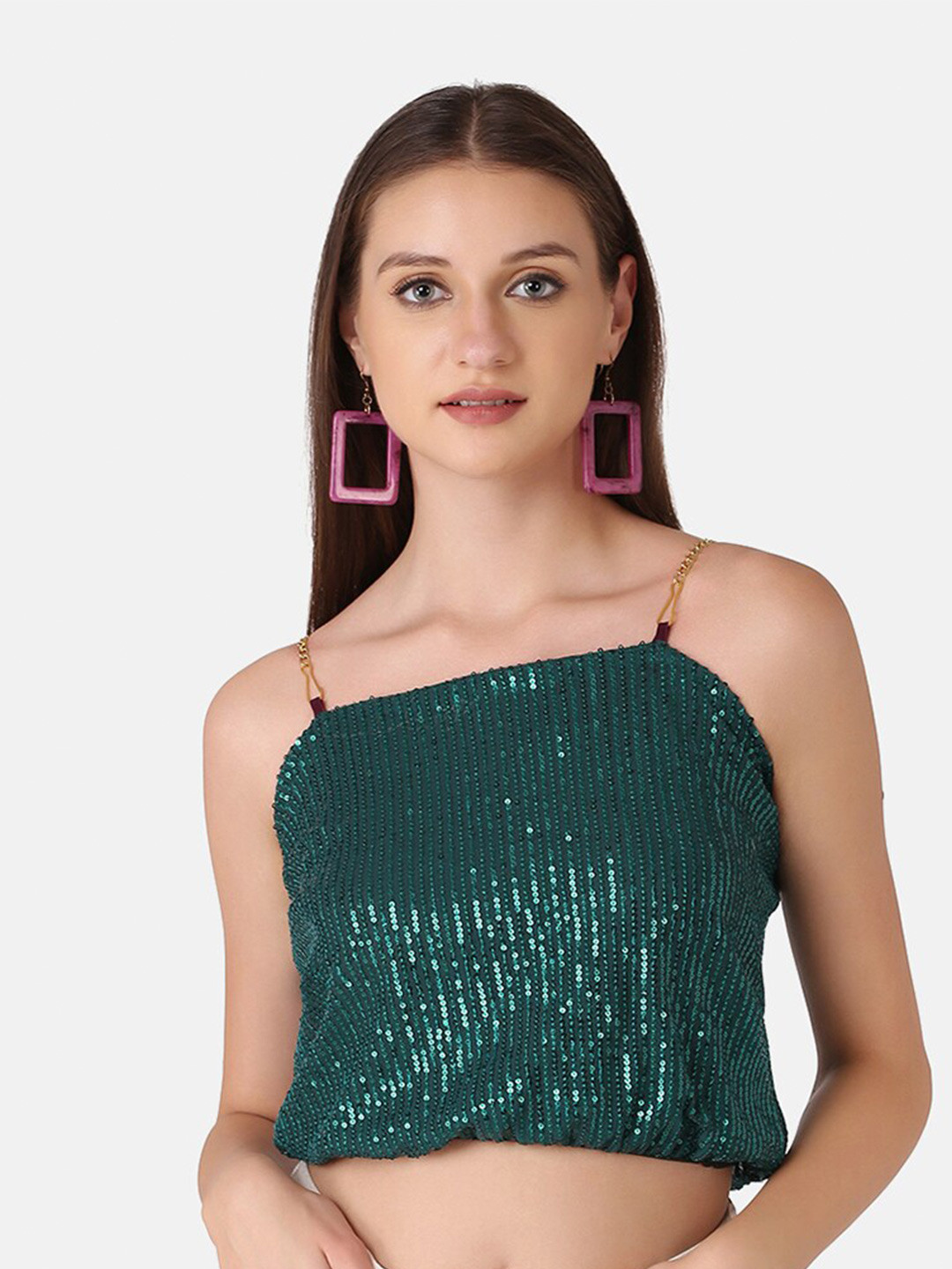 Buy BUY NEW TREND Green Shoulder Straps Sequined Embellished Top Tops