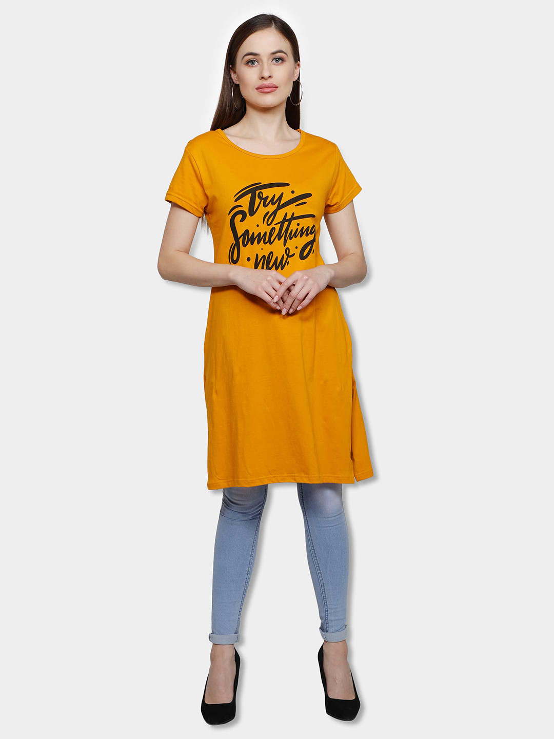 Buy Fleximaa Mustard Yellow Printed Cotton Longline Top Tops for