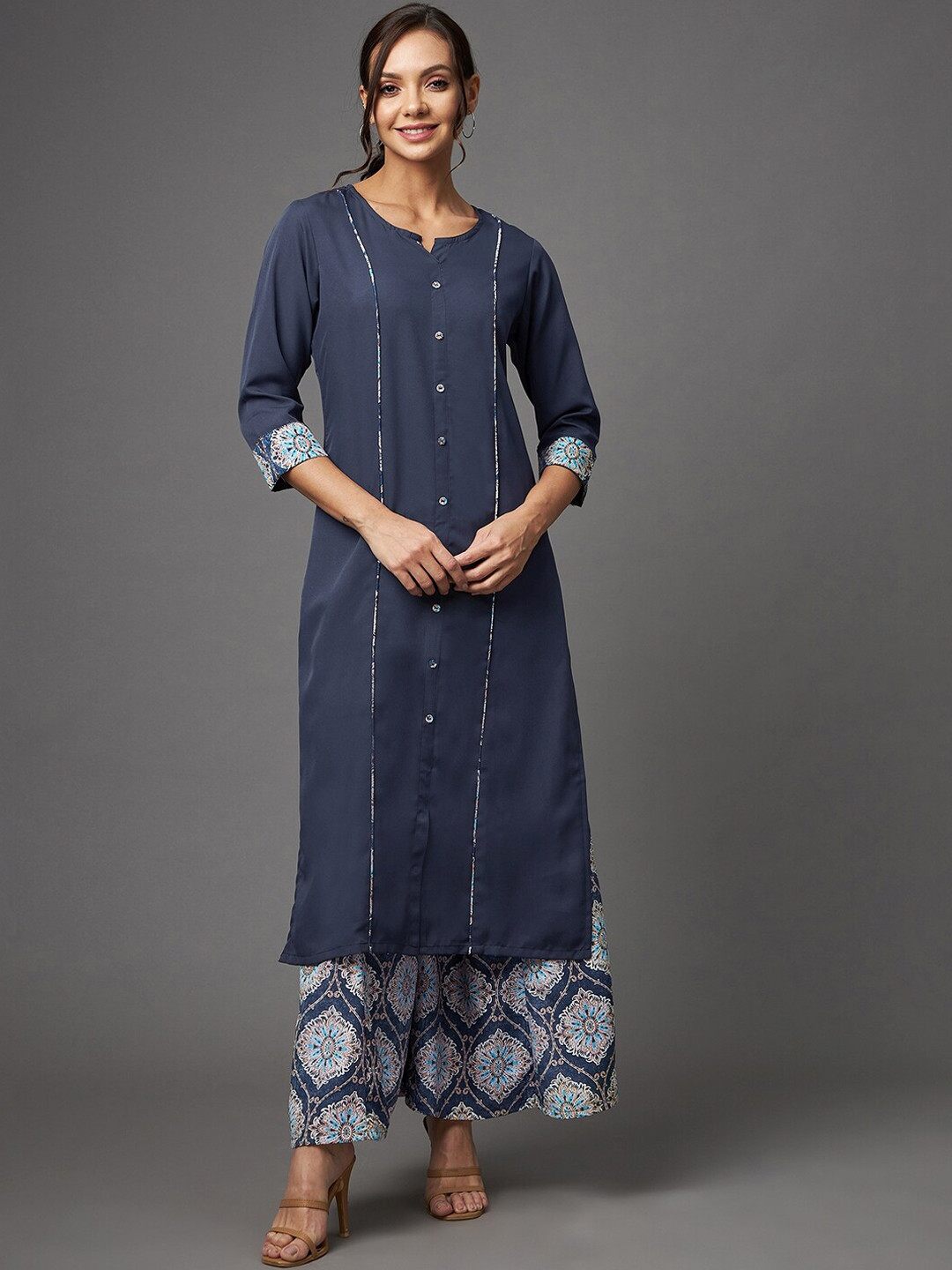 Women Grey & Black Printed Kurta With Palazzos