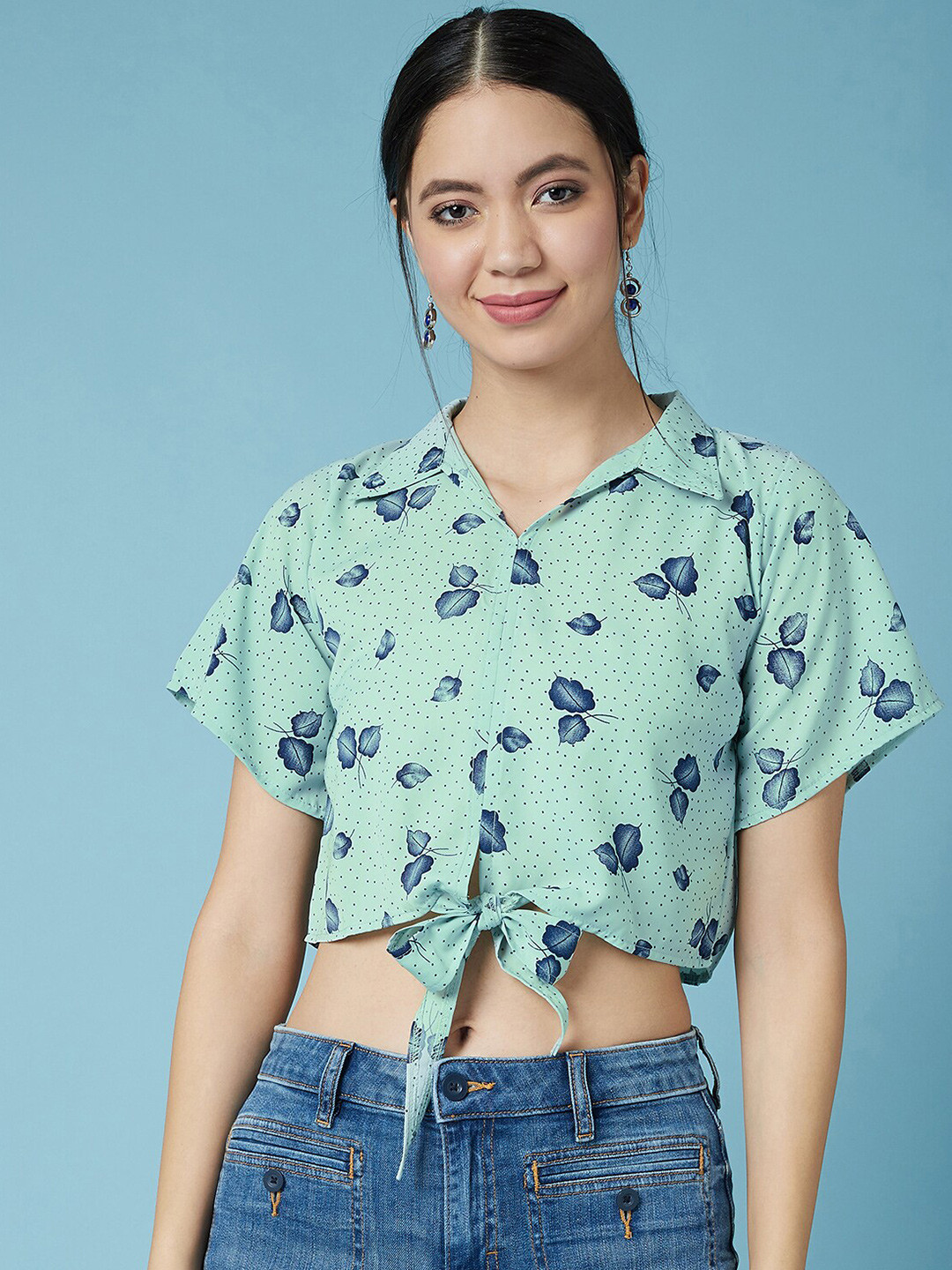 Women Sea Green Floral Printed Boat Neck Crop Top with Flared Palazzos Co-Ords Set