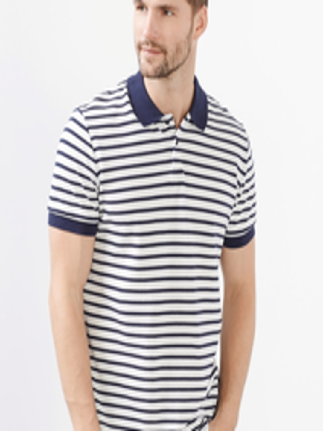 Buy ESPRIT Men White & Navy Striped Slim Polo Collar T Shirt - Tshirts ...