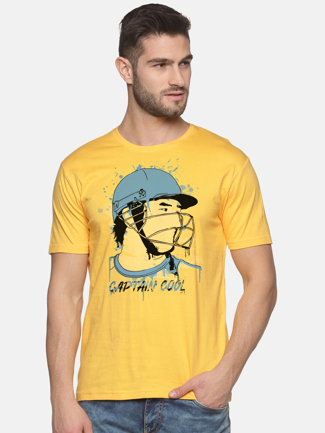 Buy BLACK RADIO Men Yellow Printed Slim Fit Cotton T Shirt Tshirts