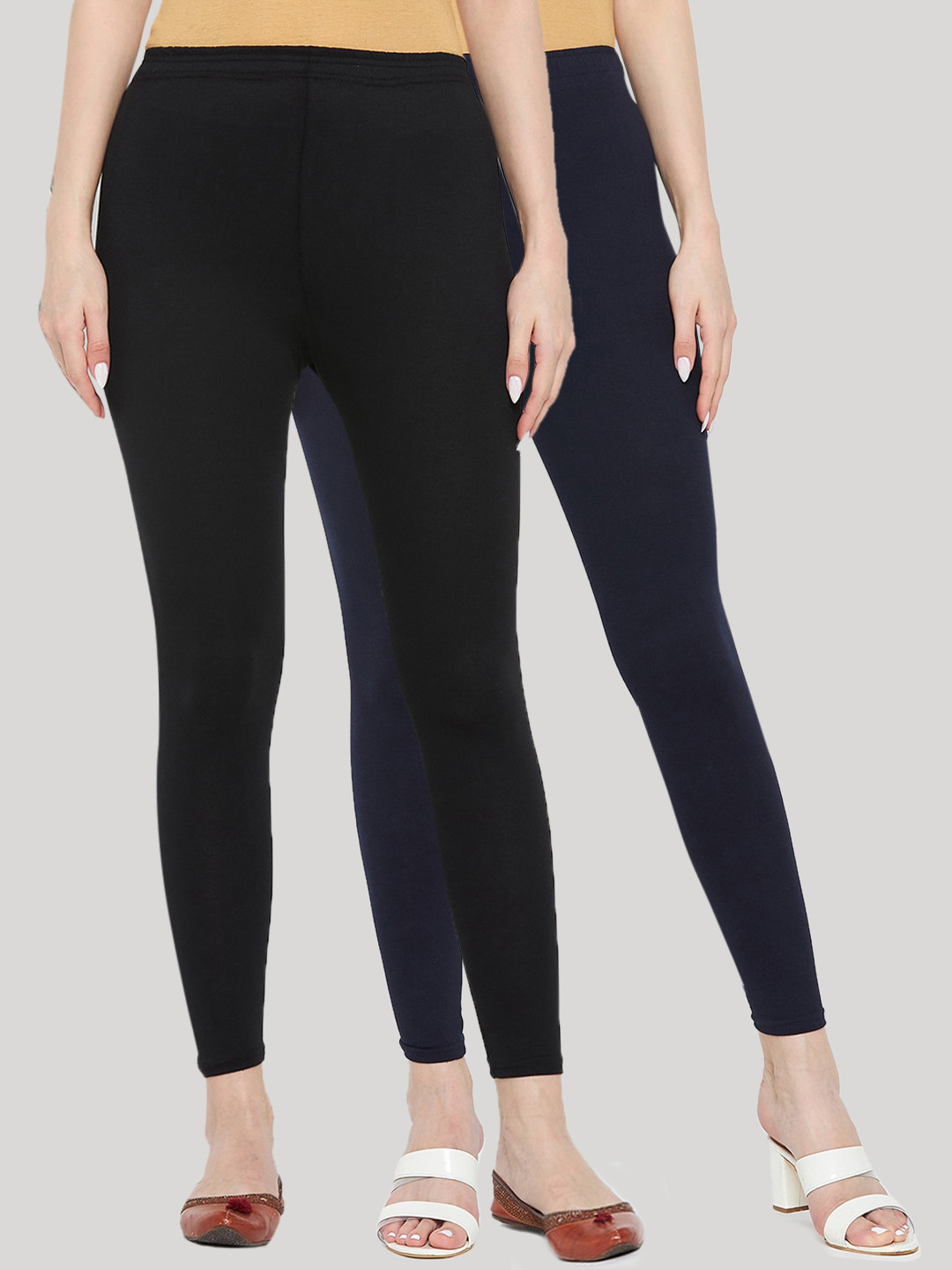 Buy Clora Creation Pack Of 2 Navy Blue & Black Solid Leggings