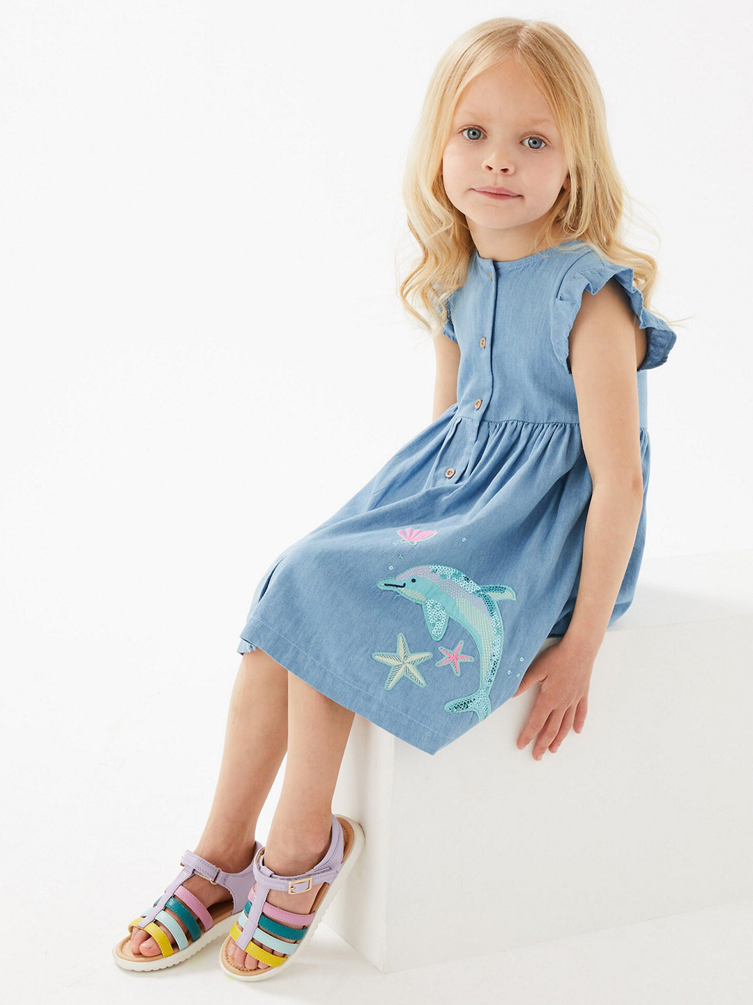 Buy Marks & Spencer Girls Blue Embroidered Denim Dress Dresses for