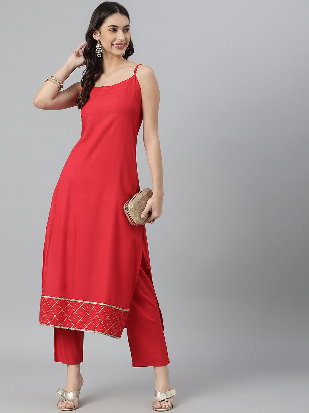 Buy Stylum Women Red Shoulder Strap Kurta With Trousers Kurta Sets