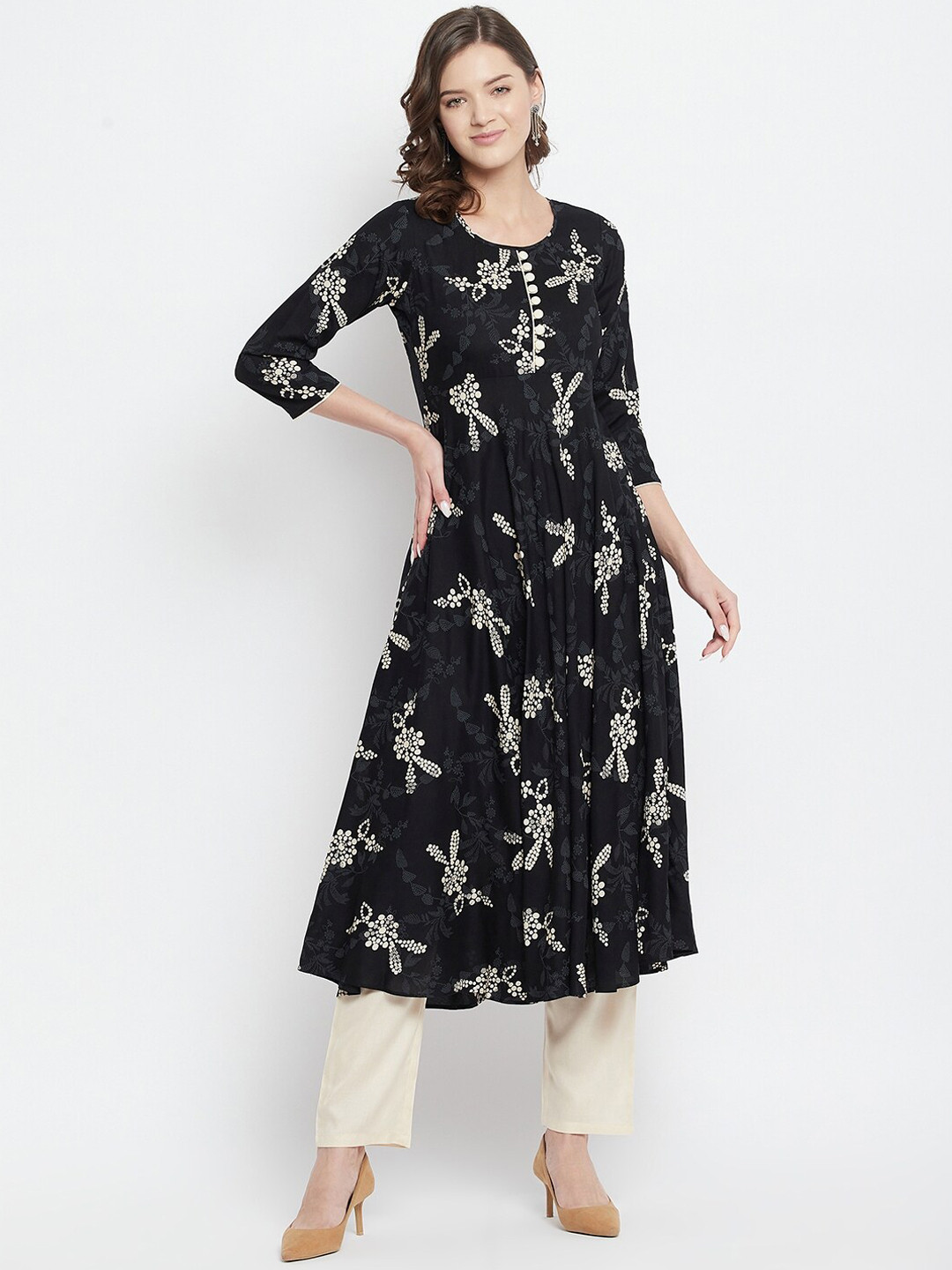 Black Sleevless Cotton A-Line Kurta With Printed Layer main image 0
