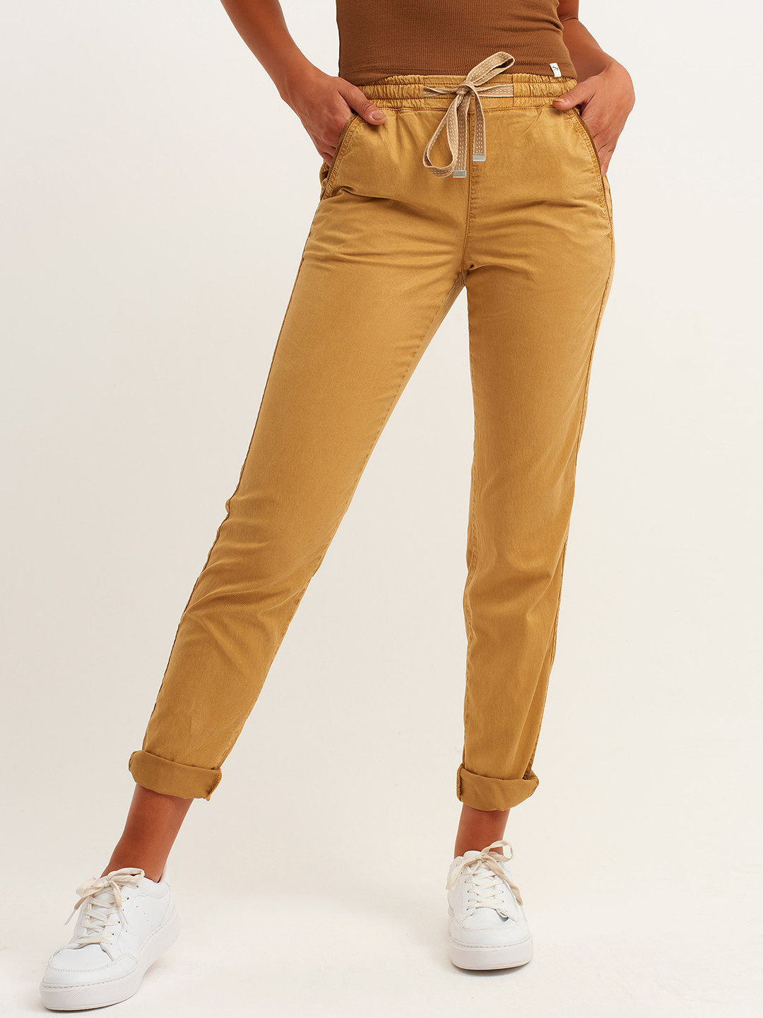 Buy OXXO Women Khaki Solid Pleated Trousers Trousers for Women