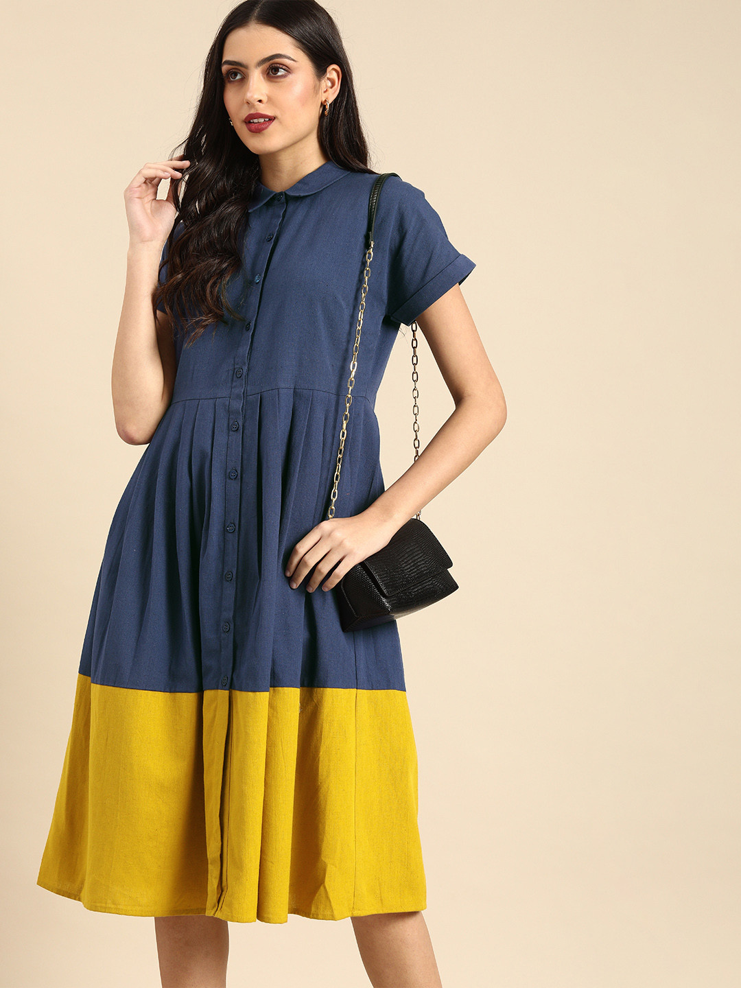 Buy All About You Women Blue & Mustard Yellow Colourblocked Casual Dress Dresses for Women