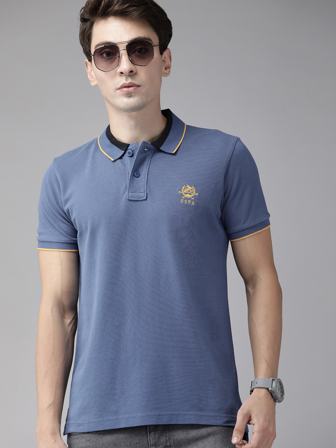 Buy U S Polo Assn Men Navy Blue Solid Polo Collar Pure Cotton T Shirt Tshirts for Men 17894874