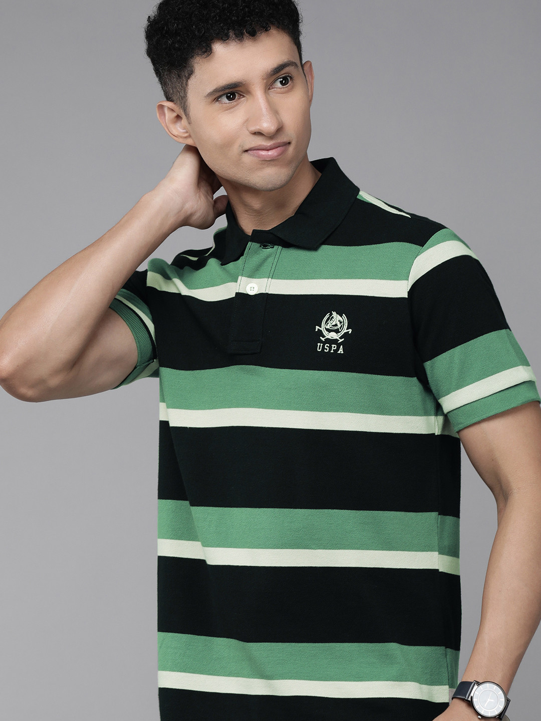 Buy U S Polo Assn Men Black & Blue Striped Pure Cotton T Shirt