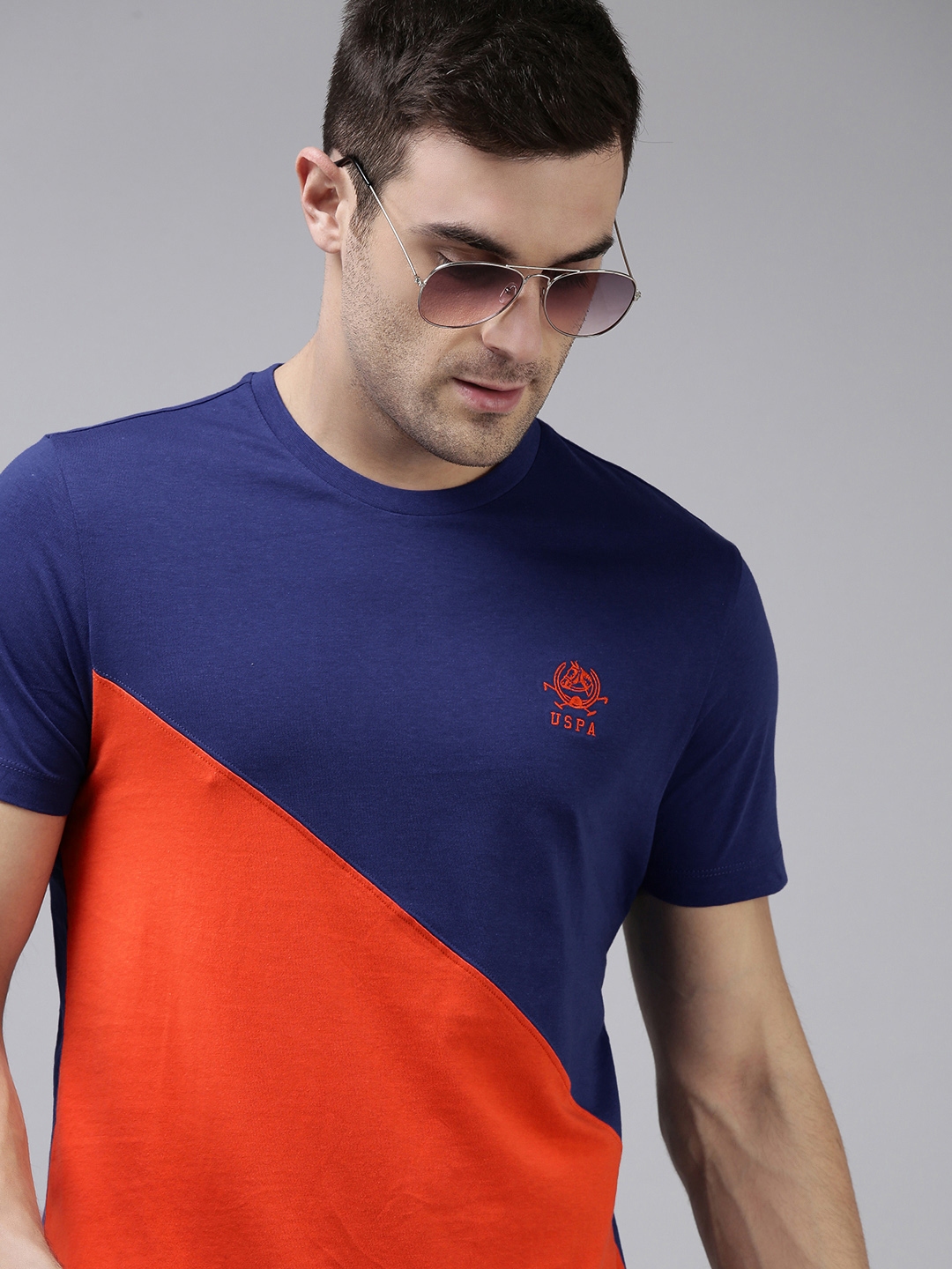 Buy U S Polo Assn Men Blue & Orange Colourblocked Pure Cotton T Shirt ...
